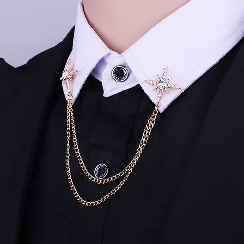 Korean Fashion Alloy Star Collar Pin With Rhinestone Tassel Chain Unisex Shirt Brooch Decor Neck Accessory Jewelry