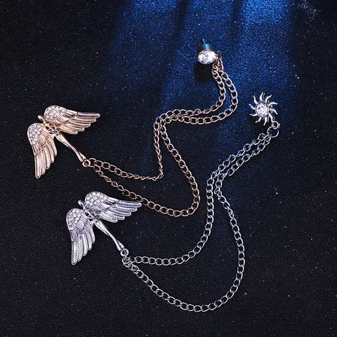 Vintage Zinklegering Engelenvleugels Brosche Voor Heren Metalen Dubbele Ketting Kwastje Reversspeld Goud Zilver Strass Zon Brosche Voor Pak
