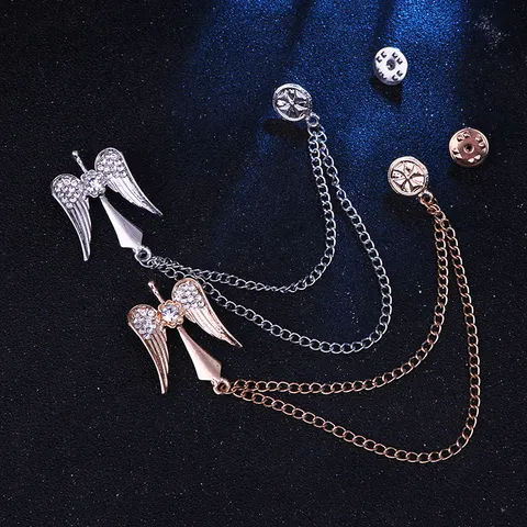 Broche Tassel Ailes d'Ange pour Hommes en Alliage de Zinc Strass Chaîne Épingle de Revers pour Costume Manteau Badges Bijoux