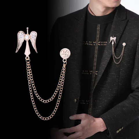 Broche Tassel Ailes d'Ange pour Hommes en Alliage de Zinc Strass Chaîne Épingle de Revers pour Costume Manteau Badges Bijoux