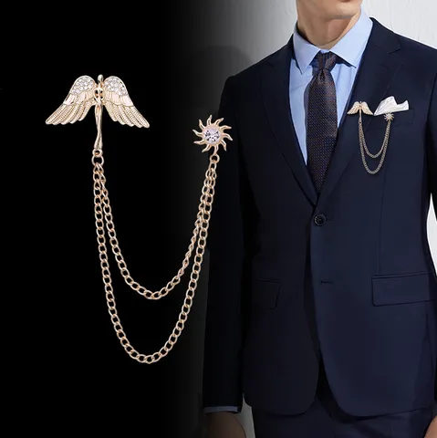 Vintage Zinklegering Engelenvleugels Brosche Voor Heren Metalen Dubbele Ketting Kwastje Reversspeld Goud Zilver Strass Zon Brosche Voor Pak