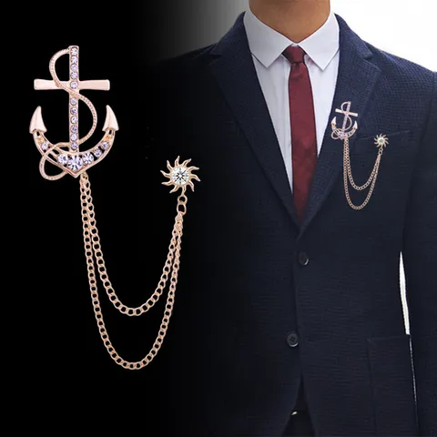Broche de Ancla Naval con Borla y Cadena de Aleación con Diamantes de Imitación Estilo Naval Insignia para Traje de Hombre y Mujer