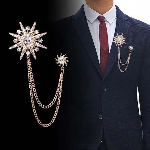 Broche de Estrella de Strass de Aleación para Hombre Vintage Con Cadena Larga de Borla de Metal Alfiler de Solapa Accesorios de Traje de Lujo