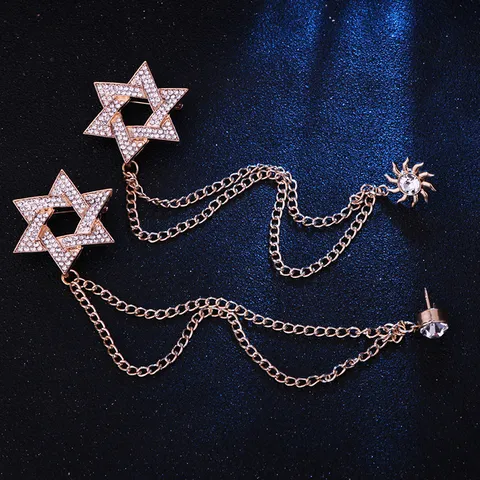 Broche de Estrella Hexagrama de Aleación de Estrás de Estilo Coreano para Hombre Cadena de Borlas Pin de Sol Joyería