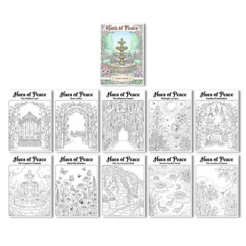 Libro da Colorare a Tema Giardino Segreto Per Bambini Adulti Poster di Pittura a Linea Fine Fiori Fontana Paesaggio Scarabocchiare Schizzare Album d'Arte in Carta