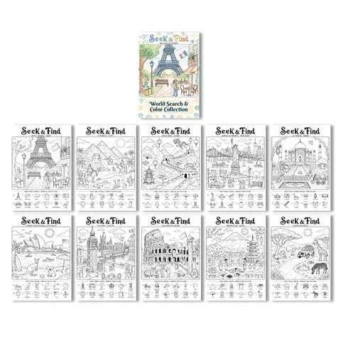 World Landmarks Seek And Find Coloring Book For Children Global Exploration Theme Paper Drawing Poster Educational Art Book