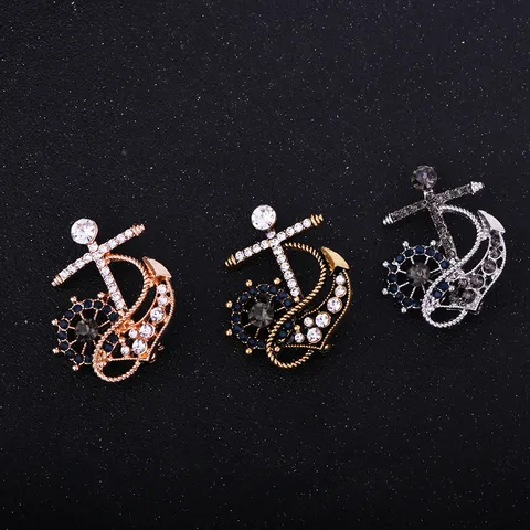 Broche Náutico de Ancla y Timón Para Hombre Aleación Diamantes de Imitación Pin de Solapa de Traje Moda Negocios Joyería