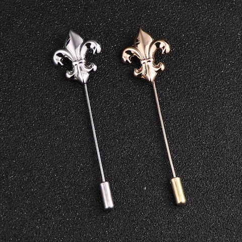 Vintage Alloy Fleur-de-lis Long Stick Pin Brooch For Men Suit Accessories Retro Military Flower Lapel Pin Jewelry