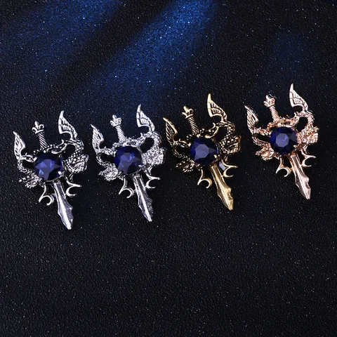 Broche de Espada de Dragón Doble Vintage para Hombres Alfiler de Solapa de Aleación y Strass Retro Joyería de Traje Punk Gótico