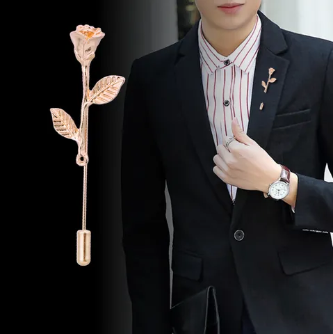 Elegant Alloy Electroplated Rose Flower Long Needle Lapel Pin Brooch Gold Silver Tone Flower Stick Hat Pin For Men Women Suit Jacket Accessories