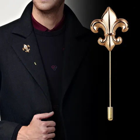 Vintage Alloy Fleur-de-lis Long Stick Pin Brooch For Men Suit Accessories Retro Military Flower Lapel Pin Jewelry