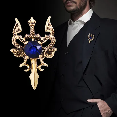 Broche de Espada de Dragón Doble Vintage para Hombres Alfiler de Solapa de Aleación y Strass Retro Joyería de Traje Punk Gótico