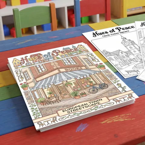 European Town Streetscape Coloring Poster Book For Kids Hand Drawn Line Drawing DIY Painting Doodle Art Paper Educational Toy