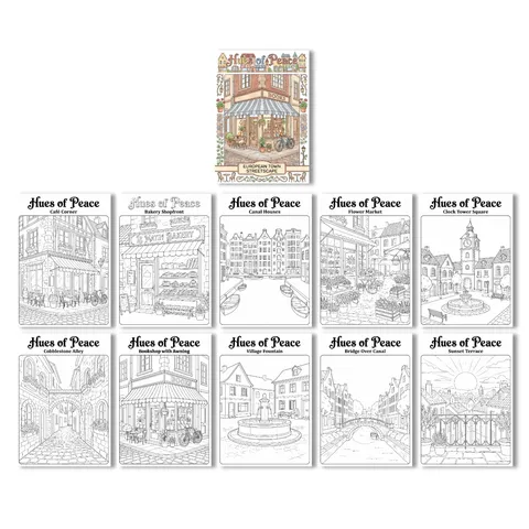 European Town Streetscape Coloring Poster Book For Kids Hand Drawn Line Drawing DIY Painting Doodle Art Paper Educational Toy