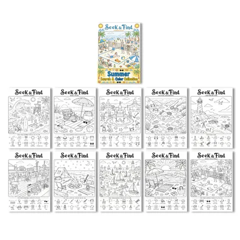 Livre de Coloriage à Thème Plage d'Été Cherche et Trouve pour Enfants Affiche de Papier à Dessin Éducatif Collection Cherche et Trouve Cahier de Coloriage pour Enfants
