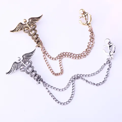 Vintage Alloy Caduceus Anchor Double Chain Brooch For Men Antique Metallic Nautical Lapel Pin Suit Badge Banquet Jewelry