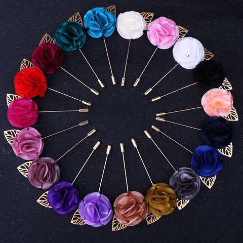 Handgefertigte Wollstoff Rose Blume Brosche Anstecknadel Lange Nadel Galvanisierte Legierung Blatt Herren Anzug Damen Kleid Hochzeit Schmuck