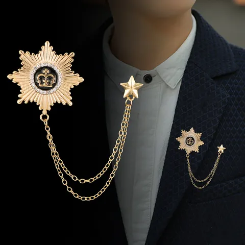 Vintage Alloy Rhinestone Crown Star Brooch Tassel Chain Suit Badge Collar Chain Military Medal Style Brooch Pins Jewelry Gift For Men