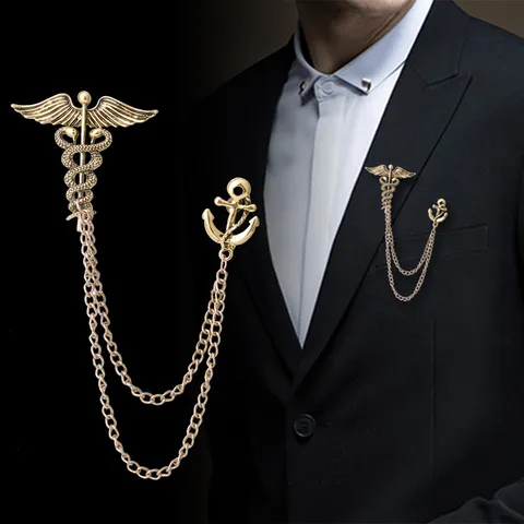 Vintage Alloy Caduceus Anchor Double Chain Brooch For Men Antique Metallic Nautical Lapel Pin Suit Badge Banquet Jewelry