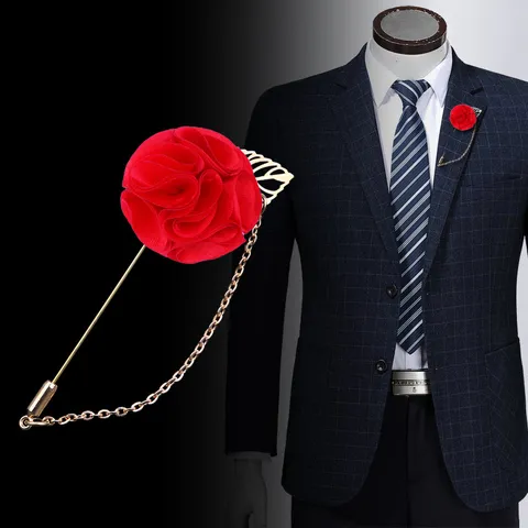 Handgemachte Stoff Rose Blumen Brosche Nadel Für Herren Damen Anzug Revers Boutonniere Mit Kette Blatt Dekoration Formelle Party Hochzeit Accessoires