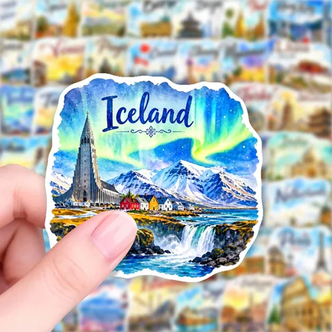 Pegatinas Decorativas Impermeables de Estilo Nórdico Acquerela Paisaje Arquitectura Pegatinas Artesanales Para Scrapbooking Equipaje Diario
