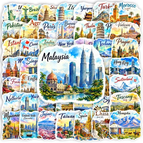 Pegatinas Decorativas Impermeables de Estilo Nórdico Acquerela Paisaje Arquitectura Pegatinas Artesanales Para Scrapbooking Equipaje Diario