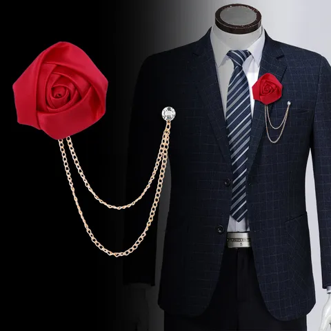 Elegante Satin Stoff Rose Blumen Brosche Anstecknadel Für Damen Herren Unisex Zinklegierung Quastenkette Strass Anstecknadel Anzug Korsagen Zubehör