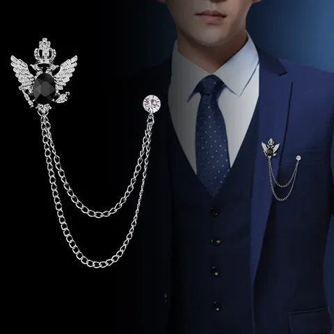 Vintage Hof Legierung Strass Doppeladler Brosche Krone Quastenkette Anstecknadel Für Herren Anzug Jacke Hochzeit Bankett Abzeichen Schmuck