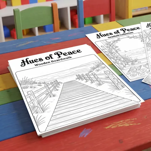 Hues Of Peace Coastal Seaside Beach Theme Coloring Poster For Kids Adults DIY Art Craft Stress Relief Paper Line Art