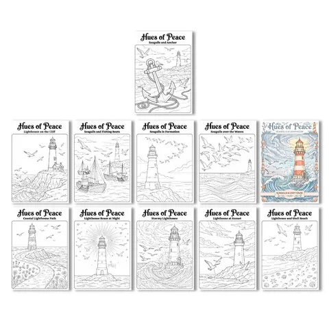 Ocean Theme Hand Drawn Coloring Posters For Kids DIY Graffiti Art Supplies Seagull Lighthouse Pattern Paper Coloring Posters