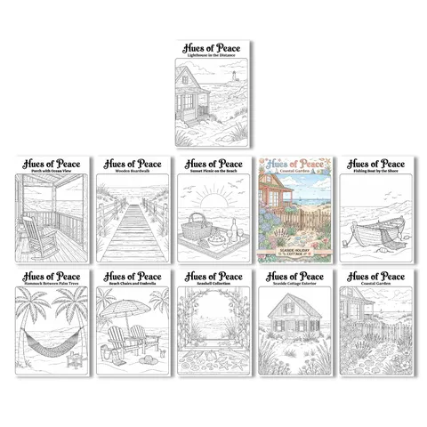 Hues Of Peace Coastal Seaside Beach Theme Coloring Poster For Kids Adults DIY Art Craft Stress Relief Paper Line Art