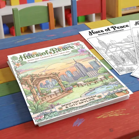 Libro de Colorear Hues of Peace Rooftop Garden City Skyline Niños Pintura Garabato Póster de Dibujo Creativo Bricolaje