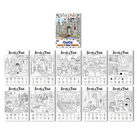 Medieval Castle Seek And Find Coloring Poster For Kids Educational Search And Color Drawing Book Paper Graffiti Art Supplies