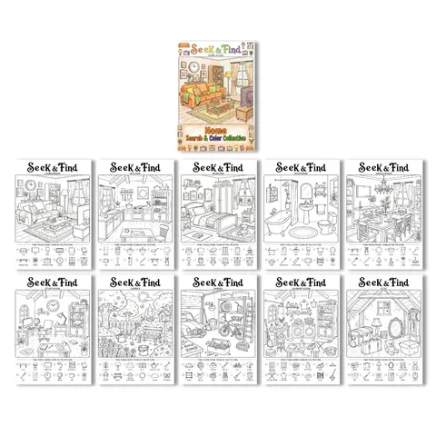Libro de Colorear para Niños Busca y Encuentra Escena del Hogar Libro de Pintura Boceto a Mano Póster Folleto Regalo de Arte Cognitivo