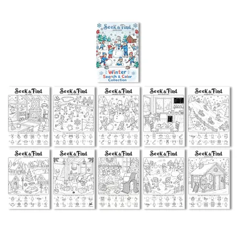 Winter Snow Theme Seek Find Coloring Poster Book For Kids Educational Drawing Paper Set Scenery Search And Color Activity Collection