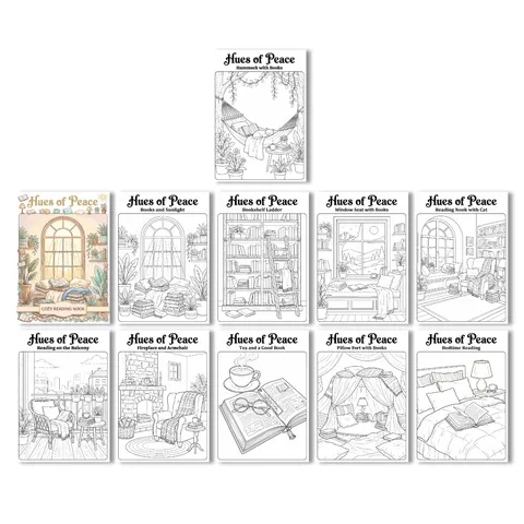 Cozy Indoor Scenes Coloring Posters Set For Stress Relief Healing Line Art Hand Painted Room Decor Paper Art Sheet Pack