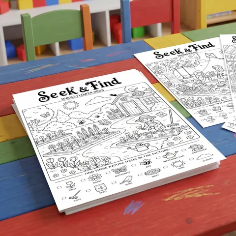 Carteles para Colorear de Buscar y Encontrar para Niños Rompecabezas Educativo Tema de Primavera Papel de Dibujo Pintado a Mano