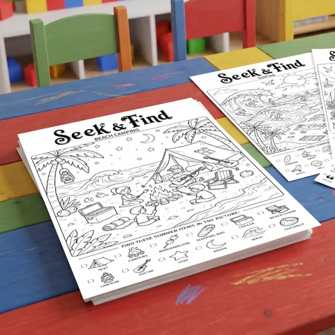 Kids Educational Seek And Find Coloring Poster Paper Cartoon Summer Beach Surfing Themes Coloring Sheets For Home School Drawing Art Supplies