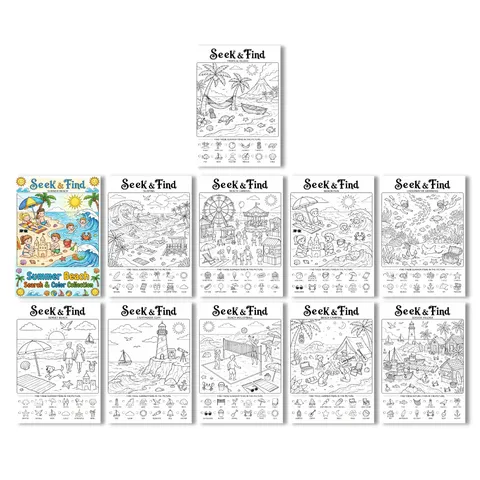 Kids Educational Seek And Find Coloring Poster Paper Cartoon Summer Beach Surfing Themes Coloring Sheets For Home School Drawing Art Supplies