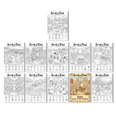 Pósters para Colorear Buscar y Encontrar Tema Antigua Roma para Niños Hojas de Papel Dibujos Animados Divertidos Pintura Educativa