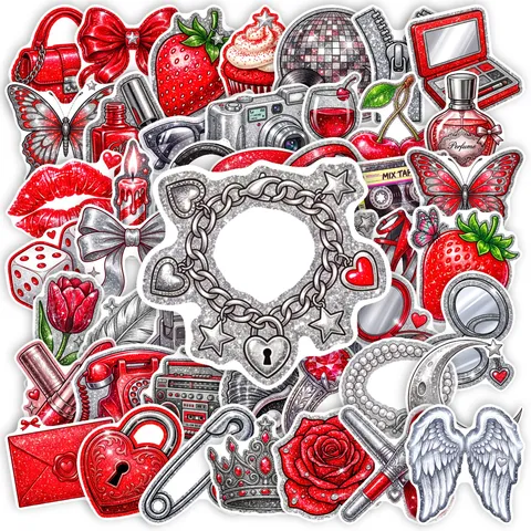 50 Pieces Fashion Beauty Theme Stickers Y2K Glitter PVC Waterproof Decals For Phone Case Scrapbooking Journaling Girls Gift