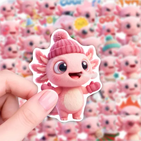 Cute Pink Axolotl Cartoon Stickers Decorative Waterproof PVC Decals For DIY Scrapbooking Laptop Phone Case Stationery Journal decoration