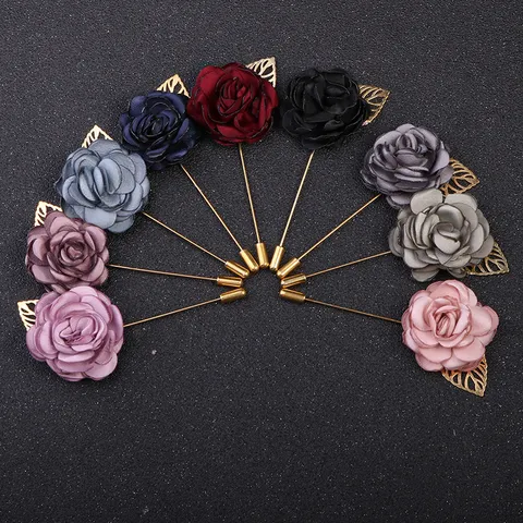 Elegant Fabric Flower Camellia Brooch With Gold Alloy Leaf Long Lapel Stick Pin Fashion Clothing Badge Accessory For Women