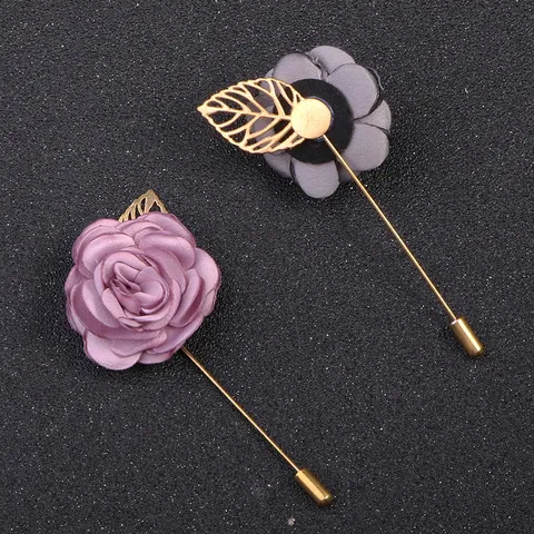 Elegant Fabric Flower Camellia Brooch With Gold Alloy Leaf Long Lapel Stick Pin Fashion Clothing Badge Accessory For Women