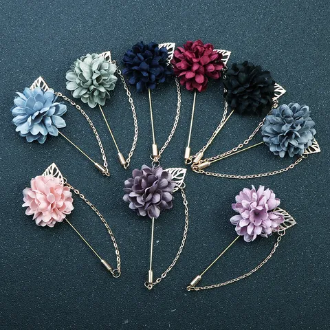 Hommes Tissu Fleur Revers Pin Broche Fait Main Rose Floral Boutonnière Avec Longue Aiguille Chaîne Métallique Pour Costume Mariage Formel Fête Accessoires