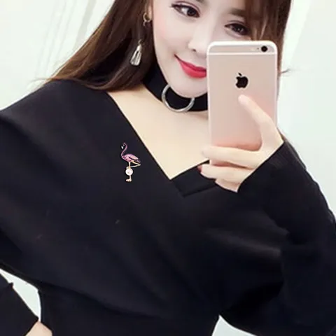 Vintage Alloy Flamingo Brooch Pin With Artificial Pearl Enamel Painted Animal Lapel Pin For Women Coat Sweater Jewelry Gift
