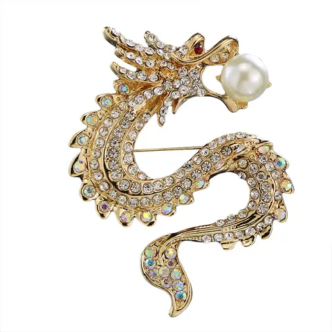 Ethnic Style Alloy Chinese Zodiac Dragon Brooch For Men Dominating Rhinestone Artificial Pearl Corsage Suit Pin Jewelry Gift
