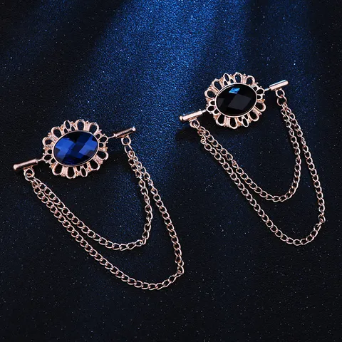 Vintage Unisex Legierung Strass Quaste Kragennadel Doppelkette Oval Edelstein Brosche Für Hemden Anzüge Bankett Party Zubehör