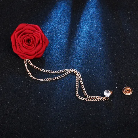 Handgefertigte Stoff Rose Brosche Mit Quaselkette Strass Anstecknadel Für Herren Hochzeit Anzug Deko Zubehör