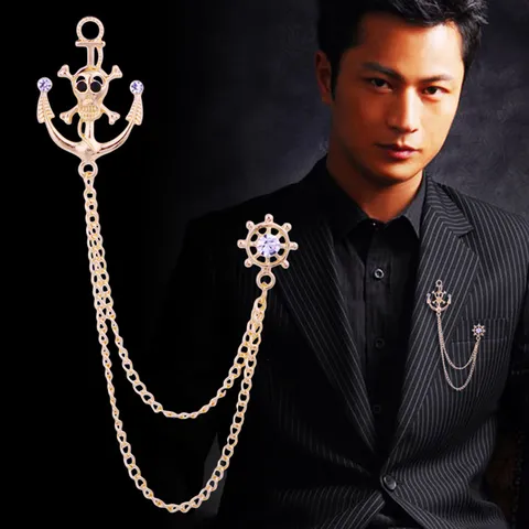 Broche Gland de Chaîne Ancre Crâne Gothique Vintage Or Argent Strass Incrusté Badge de Revers de Costume d'Homme
